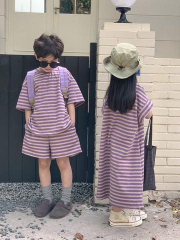 半袖セットアップ ☺︎ キッズ ボーダー ボーイズ セットアップ 半袖 Tシャツ ショートパンツ ガールズ ワンピース パープル リンク 兄弟 姉妹 お揃い コーデ