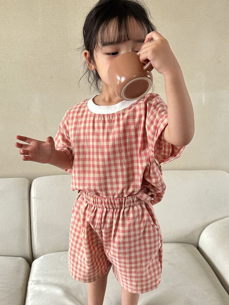 半袖セットアップ キッズ チェック 半袖 パジャマ セット Tシャツ ショートパンツ ピンク グリーン ユニセックス