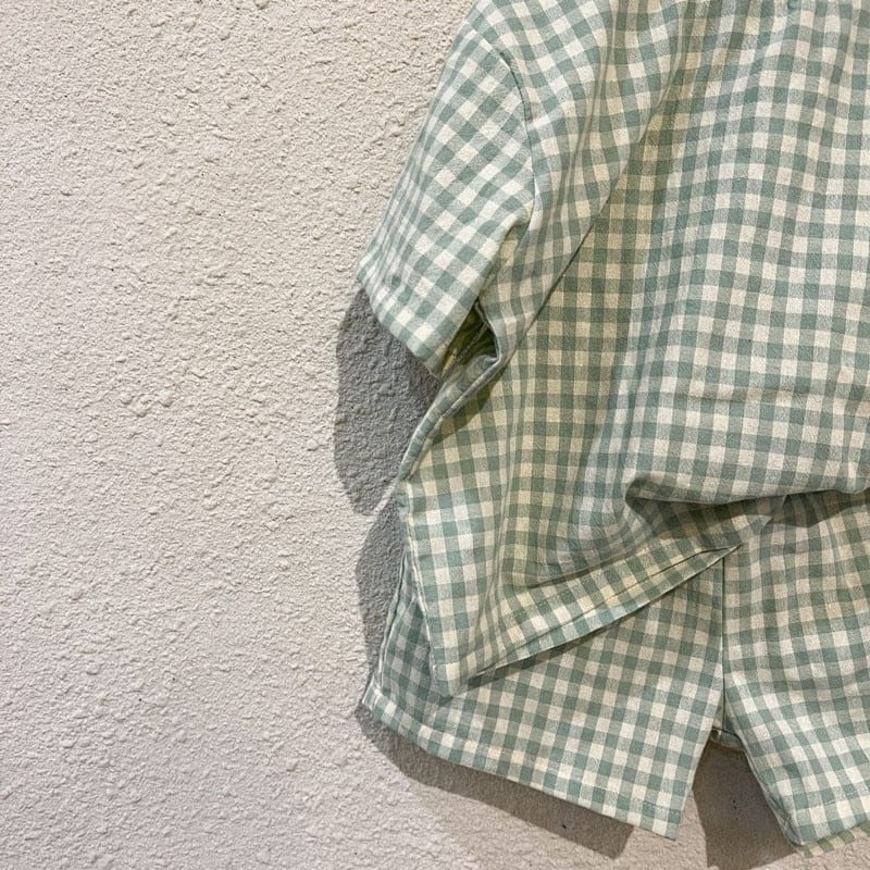 半袖セットアップ キッズ チェック 半袖 パジャマ セット Tシャツ ショートパンツ ピンク グリーン ユニセックス
