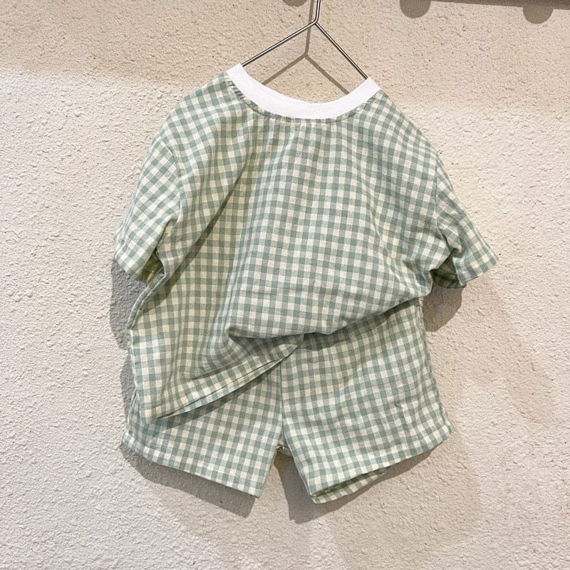 半袖セットアップ キッズ チェック 半袖 パジャマ セット Tシャツ ショートパンツ ピンク グリーン ユニセックス