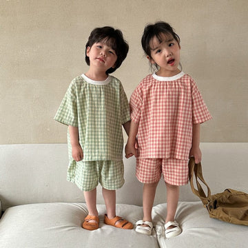 半袖セットアップ キッズ チェック 半袖 パジャマ セット Tシャツ ショートパンツ ピンク グリーン ユニセックス