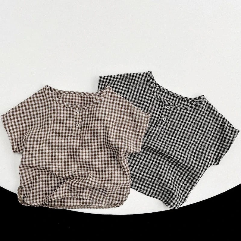 半袖シャツ・ブラウス ☺︎ キッズトップス ノーカラー半袖シャツ Tシャツ レトロチェック 2カラー