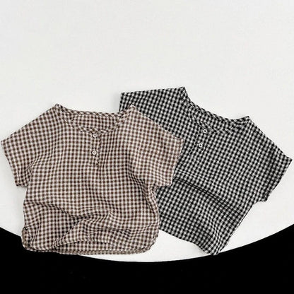 半袖シャツ・ブラウス ☺︎ キッズトップス ノーカラー半袖シャツ Tシャツ レトロチェック 2カラー