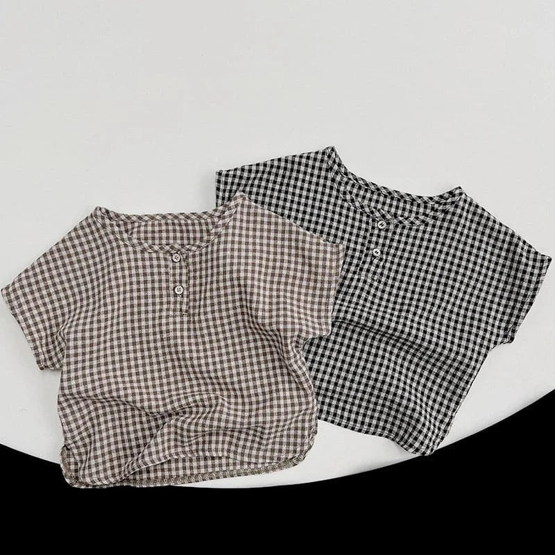 半袖シャツ・ブラウス ☺︎ キッズトップス ノーカラー半袖シャツ Tシャツ レトロチェック 2カラー