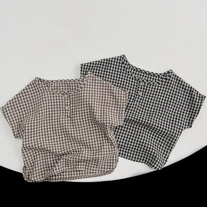 半袖シャツ・ブラウス ☺︎ キッズトップス ノーカラー半袖シャツ Tシャツ レトロチェック 2カラー