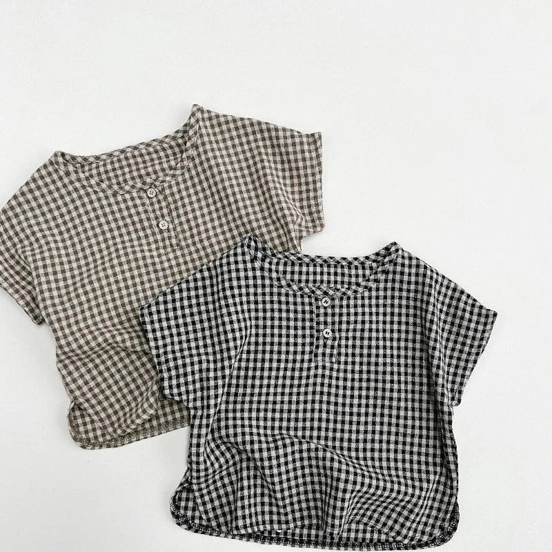 半袖シャツ・ブラウス ☺︎ キッズトップス ノーカラー半袖シャツ Tシャツ レトロチェック 2カラー