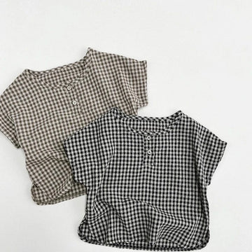 半袖シャツ・ブラウス ☺︎ キッズトップス ノーカラー半袖シャツ Tシャツ レトロチェック 2カラー