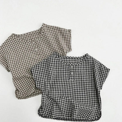 半袖シャツ・ブラウス ☺︎ キッズトップス ノーカラー半袖シャツ Tシャツ レトロチェック 2カラー