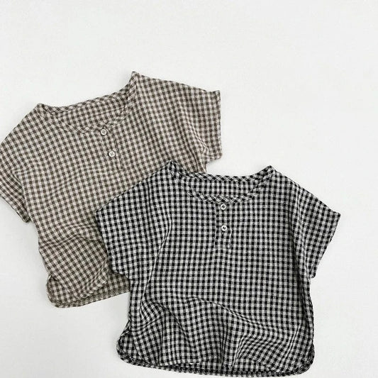半袖シャツ・ブラウス ☺︎ キッズトップス ノーカラー半袖シャツ Tシャツ レトロチェック 2カラー