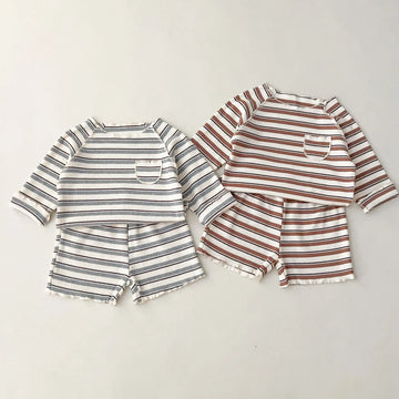 長袖セットアップ キッズセットアップ 長袖Tシャツ+ショートパンツ ボーダー ルームウェア 2カラー