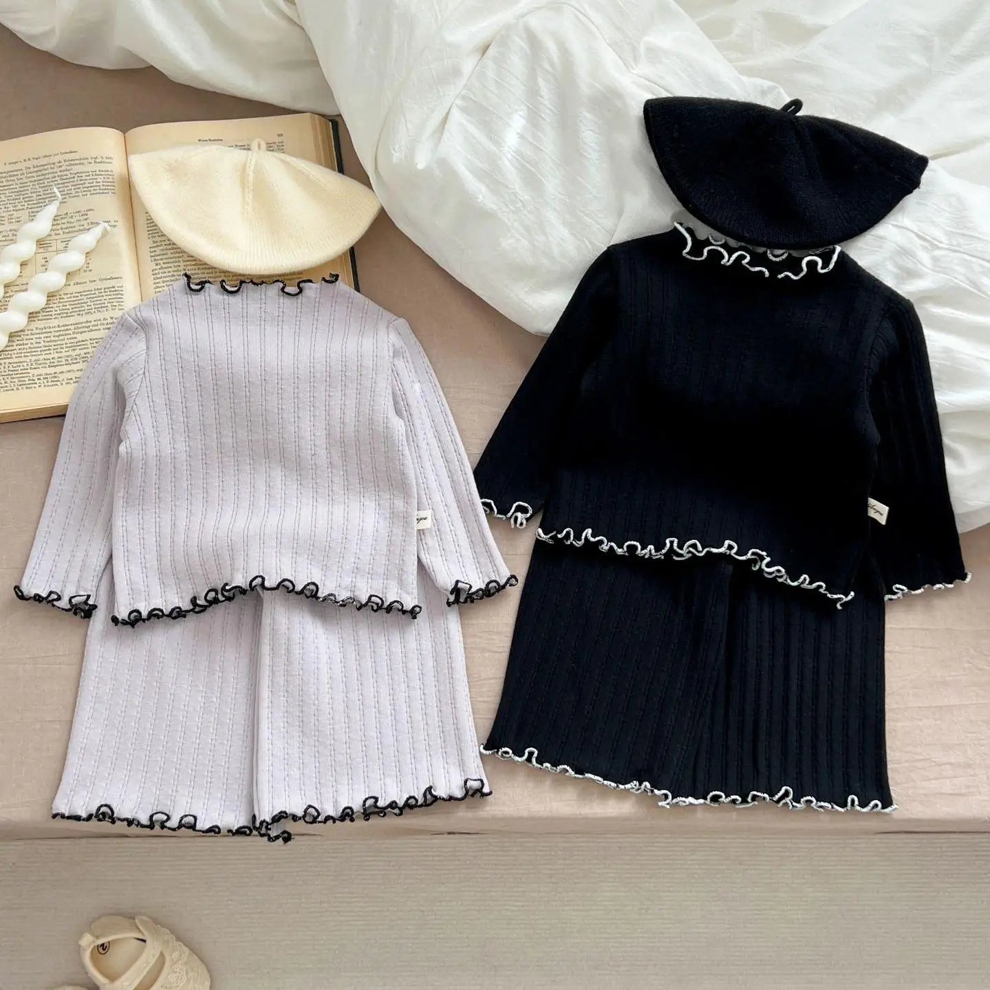 長袖セットアップ ベビーセットアップ 長袖フリルエッジTシャツ+ワイドルーズパンツ 2カラー