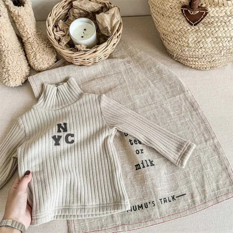 ニット・セーター キッズカットソー 刺繍ワンポイント リブニットセーター ハイネックTシャツ コーヒー アプリコット 2カラー ユニセックス 男の子 女の子 子供服