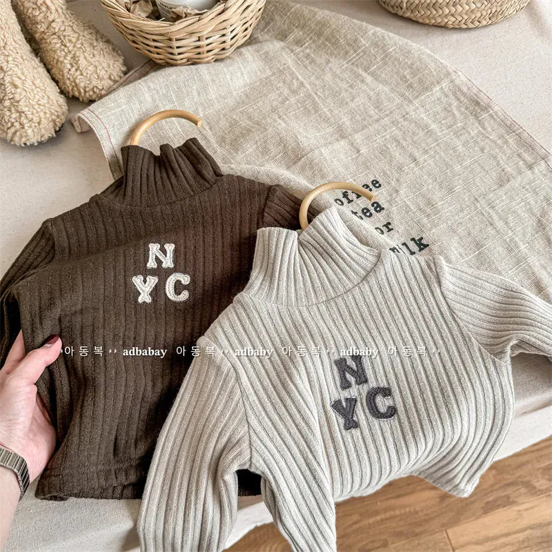 ニット・セーター キッズカットソー 刺繍ワンポイント リブニットセーター ハイネックTシャツ コーヒー アプリコット 2カラー ユニセックス 男の子 女の子 子供服