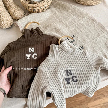 ニット・セーター キッズカットソー 刺繍ワンポイント リブニットセーター ハイネックTシャツ コーヒー アプリコット 2カラー ユニセックス 男の子 女の子 子供服