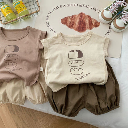 半袖セットアップ キッズトップス/パンツ 半袖プリントTシャツ/バルーンショートパンツ パンブレッドプリント 2カラー【mh0005454】