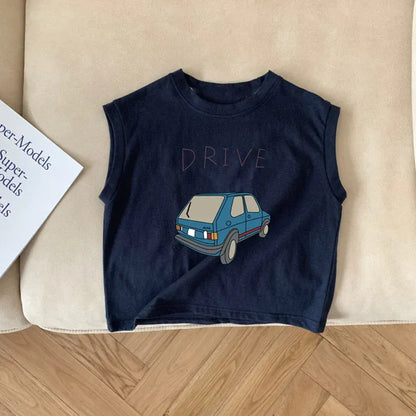 タンクトップ・キャミソール・ノースリーブトップス キッズトップス ノースリーブTシャツ クラッシックカー レトロカー 車プリント 2カラー【mh0005842】