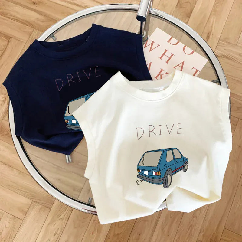 タンクトップ・キャミソール・ノースリーブトップス キッズトップス ノースリーブTシャツ クラッシックカー レトロカー 車プリント 2カラー【mh0005842】