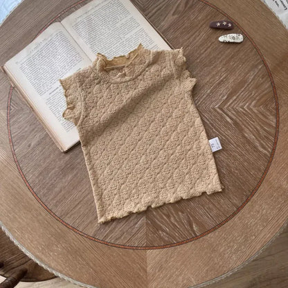 タンクトップ・キャミソール・ノースリーブトップス キッズトップス スタンドフリルカラー ノースリーブTシャツ レースニット 2カラー【mh0006111】