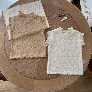 タンクトップ・キャミソール・ノースリーブトップス キッズトップス スタンドフリルカラー ノースリーブTシャツ レースニット 2カラー【mh0006111】