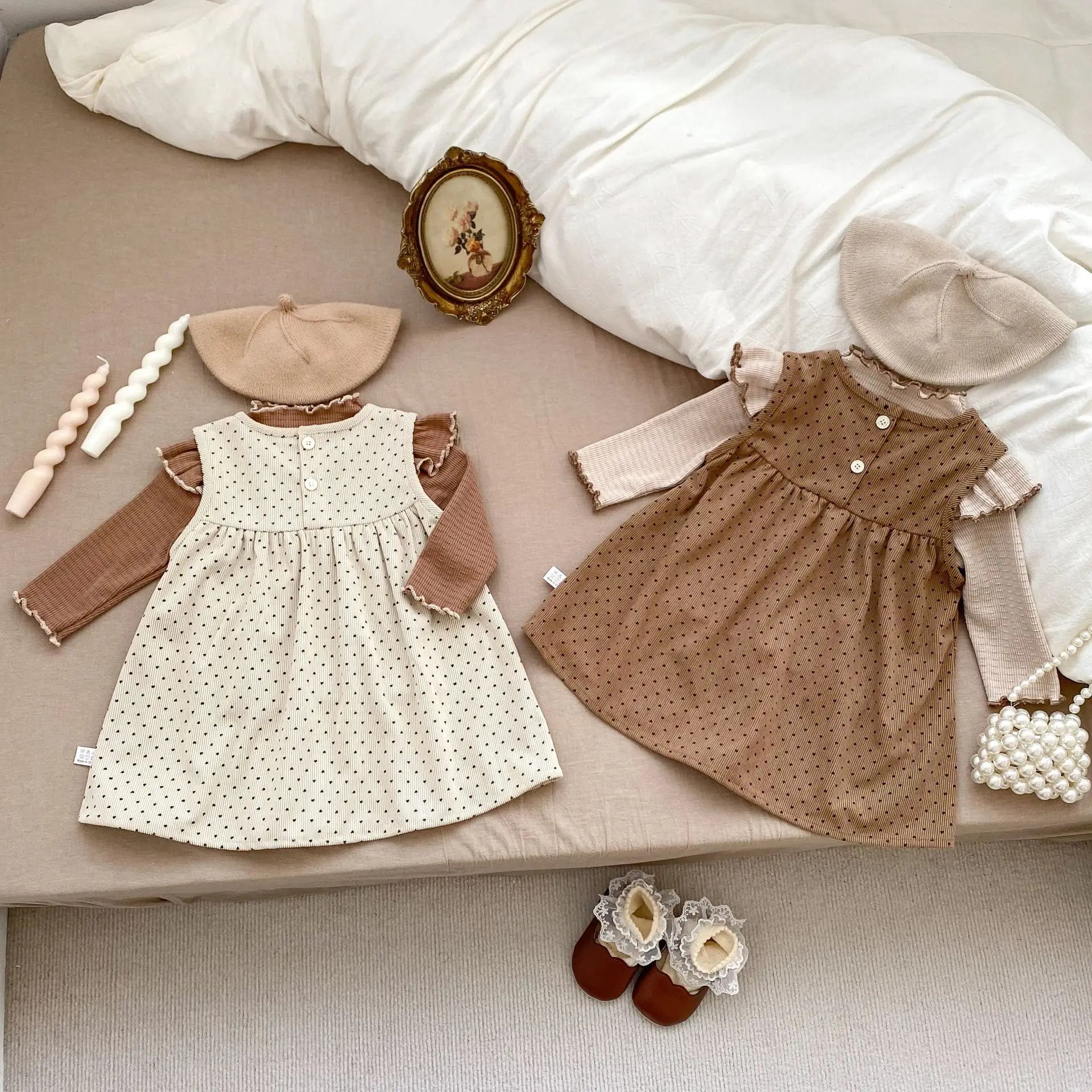 長袖セットアップ ベビーキッズトップス/ワンピース ショルダーフリル長袖Tシャツ/水玉ドットプリントノースリーブジャンパースカート 2カラー【mh0007158】