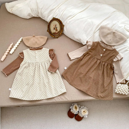 長袖セットアップ ベビーキッズトップス/ワンピース ショルダーフリル長袖Tシャツ/水玉ドットプリントノースリーブジャンパースカート 2カラー【mh0007158】