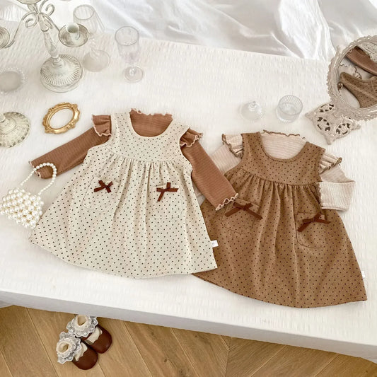 長袖セットアップ ベビーキッズトップス/ワンピース ショルダーフリル長袖Tシャツ/水玉ドットプリントノースリーブジャンパースカート 2カラー【mh0007158】