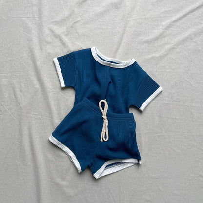 半袖セットアップ バイピング半袖Tシャツ+ショートパンツセットアップ 2点セット【mh0009436】