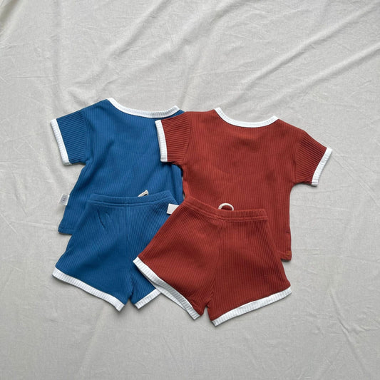 半袖セットアップ バイピング半袖Tシャツ+ショートパンツセットアップ 2点セット【mh0009436】