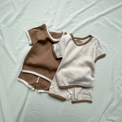 半袖セットアップ バイピング半袖Tシャツ+ショートパンツセットアップ 2点セット【mh0009444】