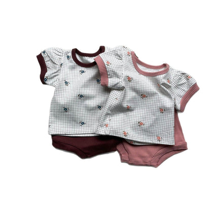 半袖セットアップ チェックフラワープリント半袖パフスリーブTシャツ+ブルマパンツセットアップ 2点セット【mh0009448】