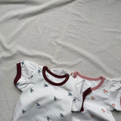 半袖セットアップ チェックフラワープリント半袖パフスリーブTシャツ+ブルマパンツセットアップ 2点セット【mh0009448】