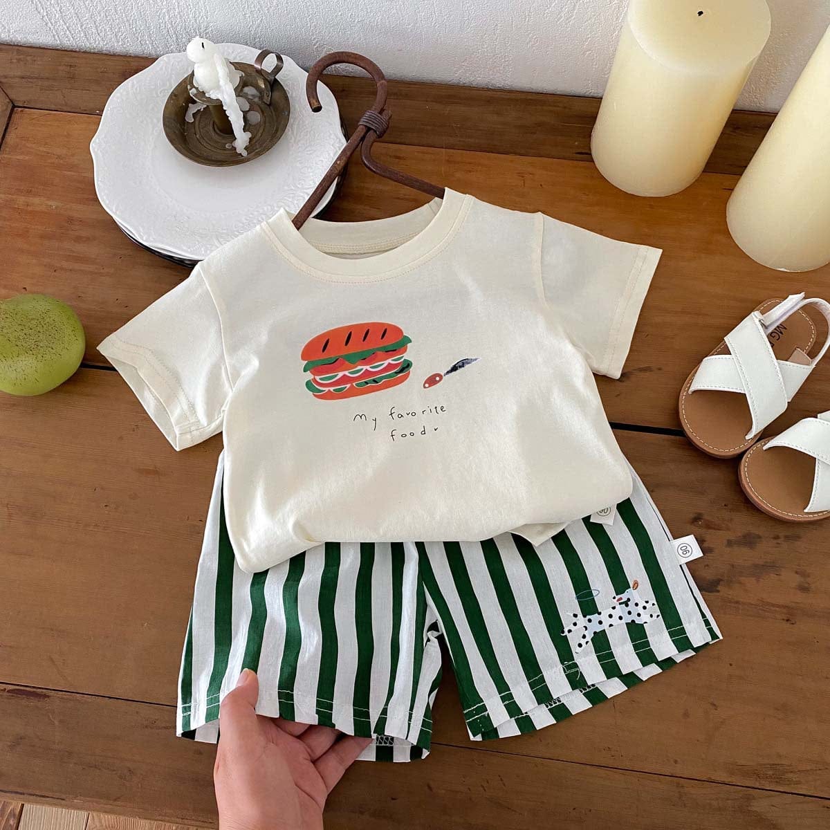 半袖セットアップ ハンバーガープリント半袖Tシャツ+ストライプショートパンツセットアップ 2点セット【mh0010322】