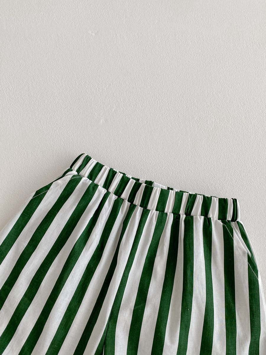 半袖セットアップ ハンバーガープリント半袖Tシャツ+ストライプショートパンツセットアップ 2点セット【mh0010322】