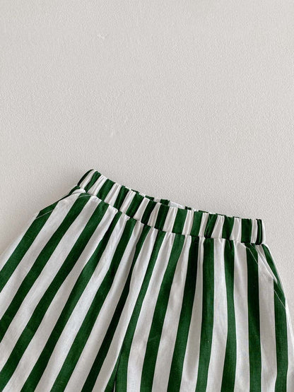 半袖セットアップ ハンバーガープリント半袖Tシャツ+ストライプショートパンツセットアップ 2点セット【mh0010322】