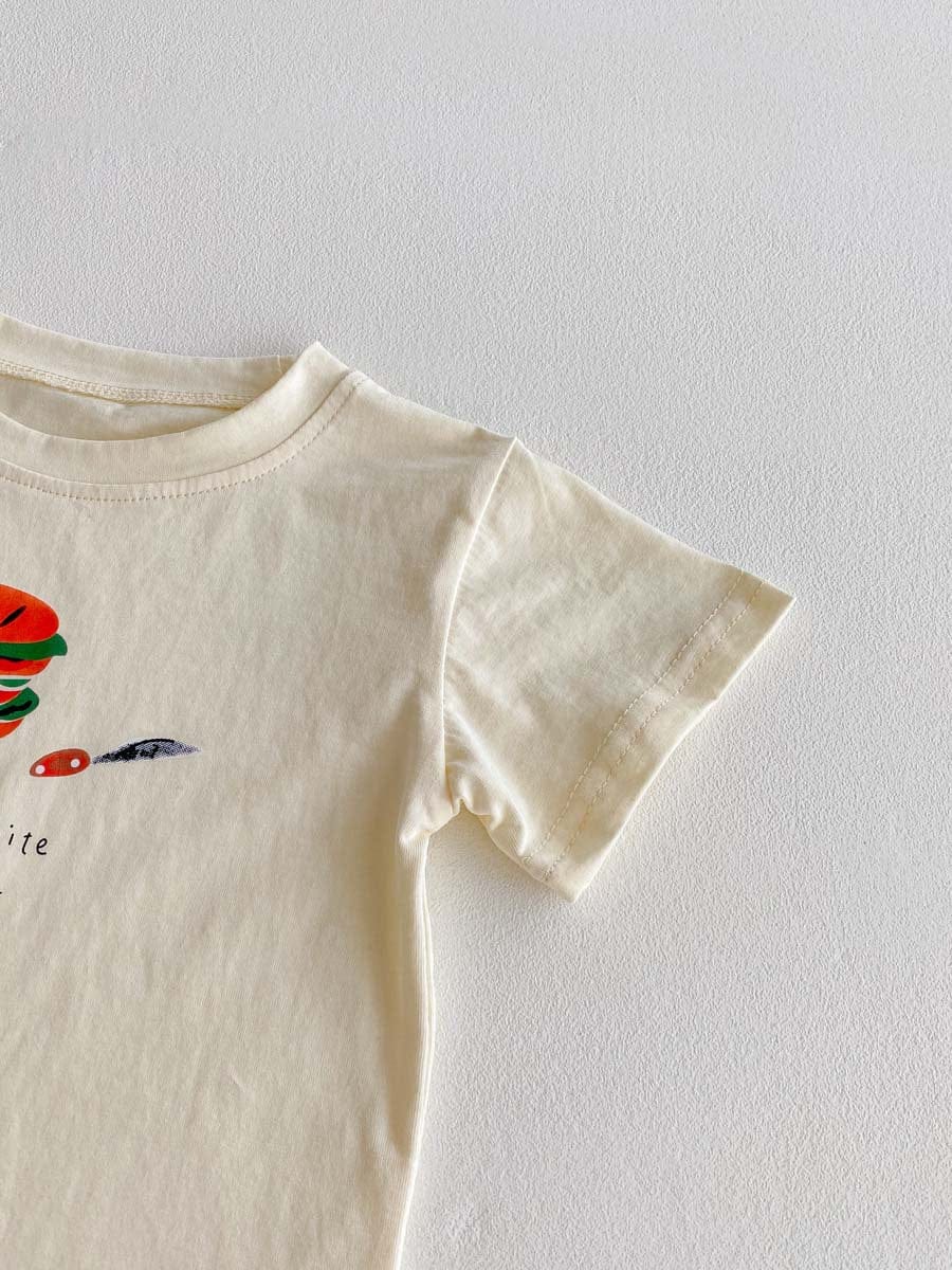 半袖セットアップ ハンバーガープリント半袖Tシャツ+ストライプショートパンツセットアップ 2点セット【mh0010322】