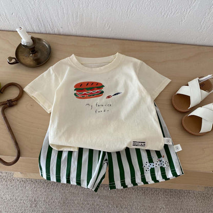 半袖セットアップ ハンバーガープリント半袖Tシャツ+ストライプショートパンツセットアップ 2点セット【mh0010322】