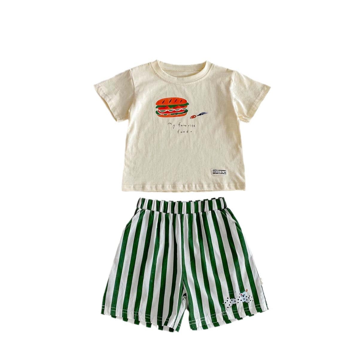 半袖セットアップ ハンバーガープリント半袖Tシャツ+ストライプショートパンツセットアップ 2点セット【mh0010322】