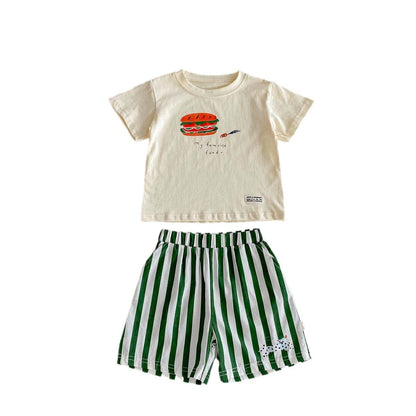 半袖セットアップ ハンバーガープリント半袖Tシャツ+ストライプショートパンツセットアップ 2点セット【mh0010322】
