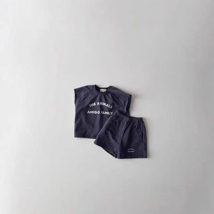 ノースリーブセットアップ レターロゴノースリーブTシャツ+ショートパンツセットアップ 2点セット【mh0010408】