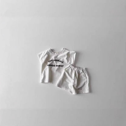 ノースリーブセットアップ レターロゴノースリーブTシャツ+ショートパンツセットアップ 2点セット【mh0010408】