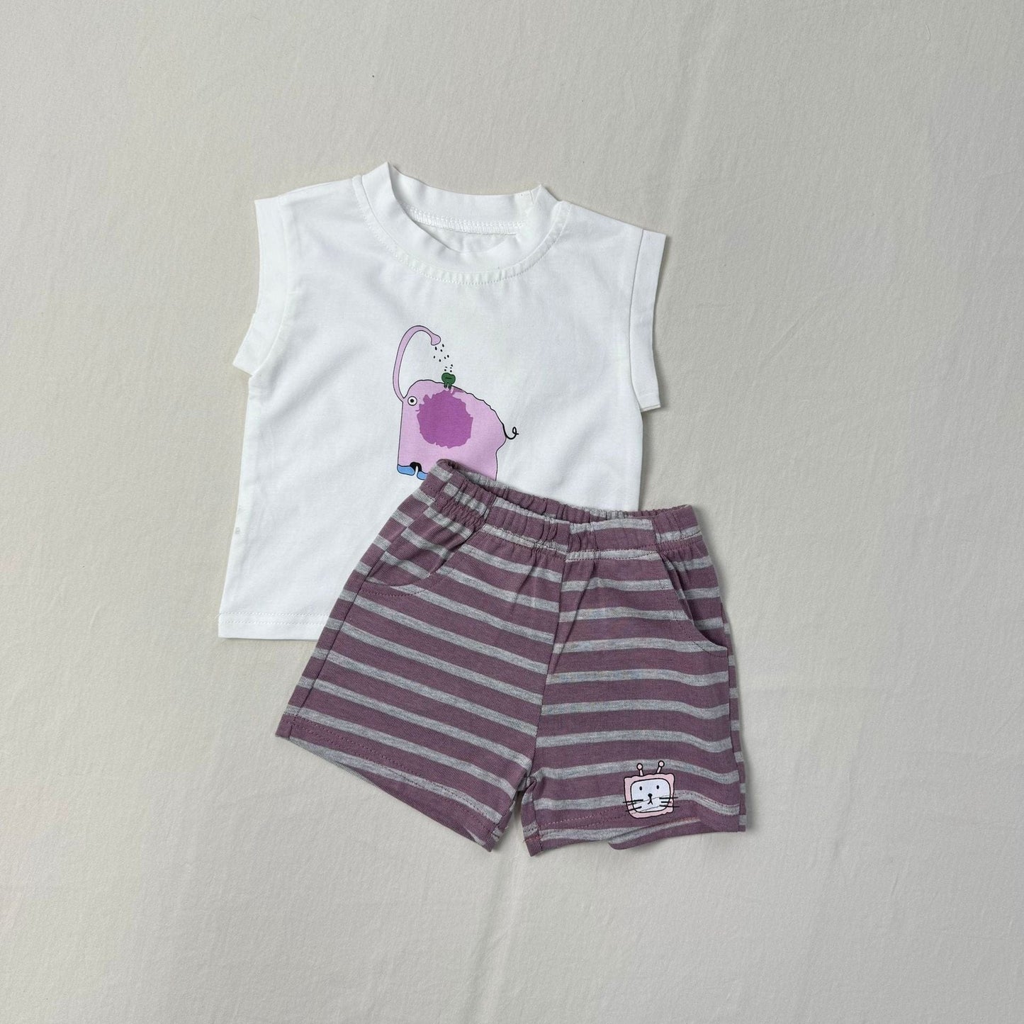 ノースリーブセットアップ アニマルプリントノースリーブTシャツ+ボーダーショートパンツセットアップ 2点セット【mh0010415】