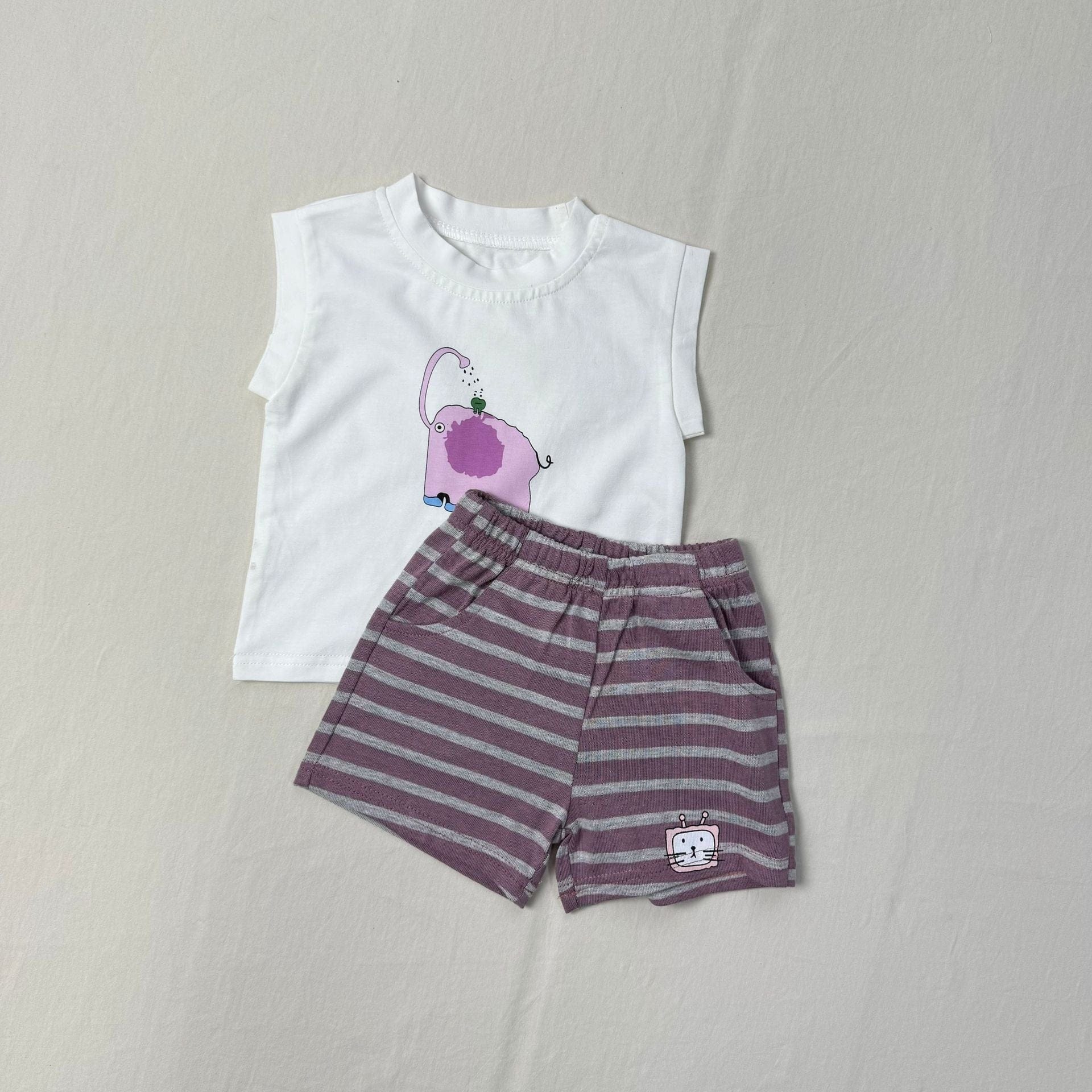 ノースリーブセットアップ アニマルプリントノースリーブTシャツ+ボーダーショートパンツセットアップ 2点セット【mh0010415】