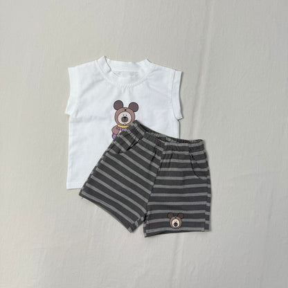 ノースリーブセットアップ アニマルプリントノースリーブTシャツ+ボーダーショートパンツセットアップ 2点セット【mh0010415】