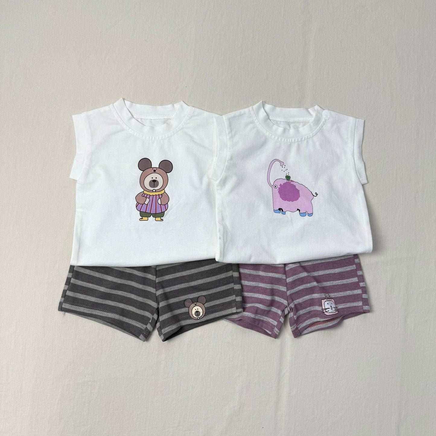 ノースリーブセットアップ アニマルプリントノースリーブTシャツ+ボーダーショートパンツセットアップ 2点セット【mh0010415】