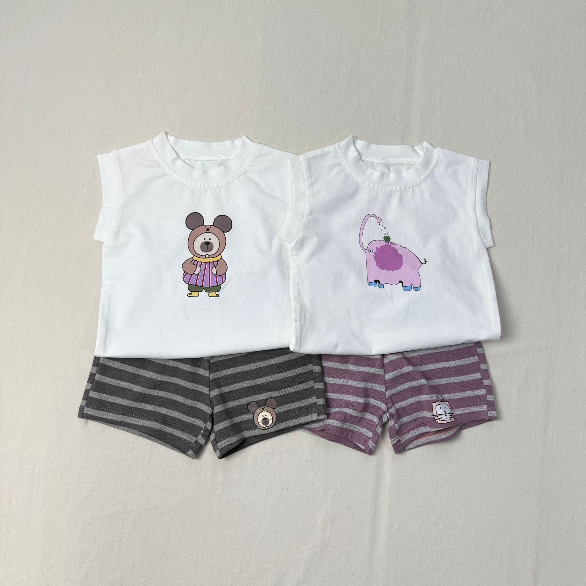 ノースリーブセットアップ アニマルプリントノースリーブTシャツ+ボーダーショートパンツセットアップ 2点セット【mh0010415】