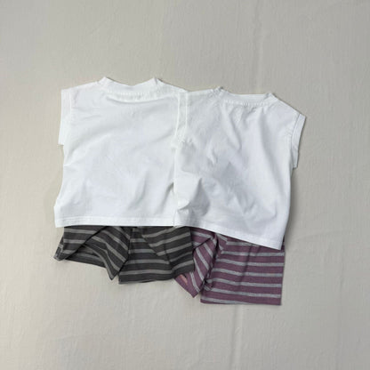 ノースリーブセットアップ アニマルプリントノースリーブTシャツ+ボーダーショートパンツセットアップ 2点セット【mh0010415】