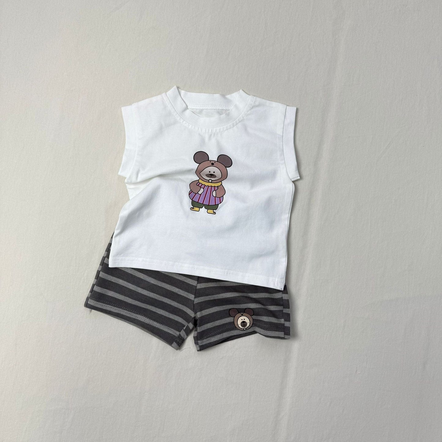 ノースリーブセットアップ アニマルプリントノースリーブTシャツ+ボーダーショートパンツセットアップ 2点セット【mh0010415】