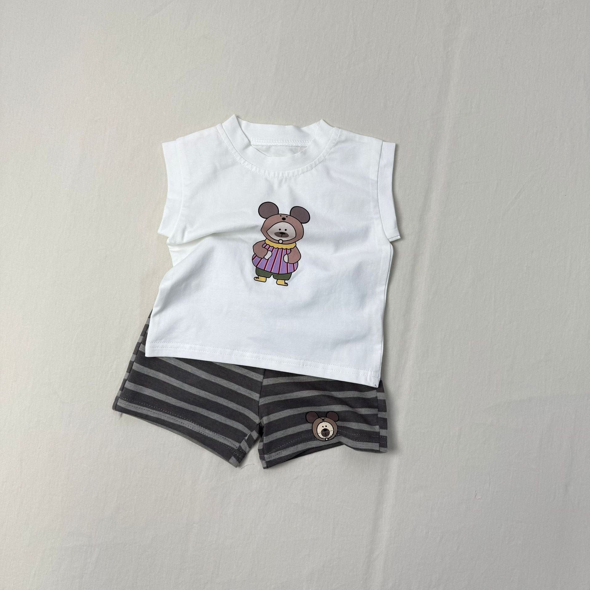 ノースリーブセットアップ アニマルプリントノースリーブTシャツ+ボーダーショートパンツセットアップ 2点セット【mh0010415】