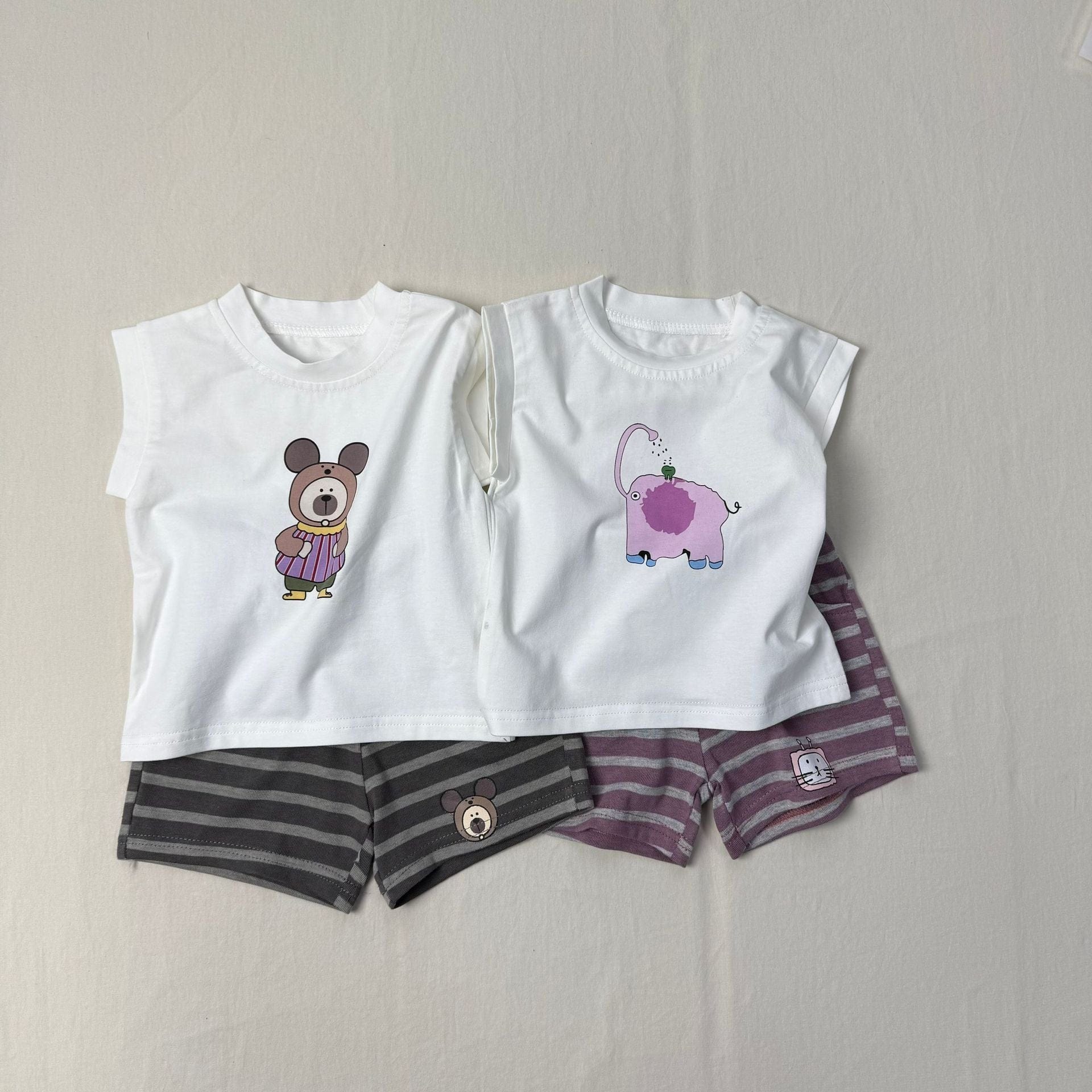 ノースリーブセットアップ アニマルプリントノースリーブTシャツ+ボーダーショートパンツセットアップ 2点セット【mh0010415】