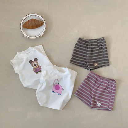 ノースリーブセットアップ アニマルプリントノースリーブTシャツ+ボーダーショートパンツセットアップ 2点セット【mh0010415】